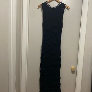 NEW BLK LONG FITTED KNIT EVENING DRESS W/SILVER CHAIN COLLAR BY ZARA